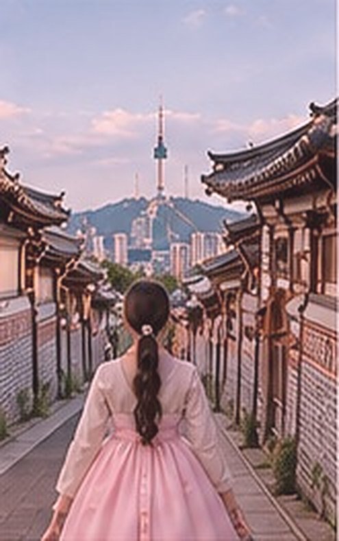 Mujer con hanbok paseando por una calle de casas hanok en Seúl